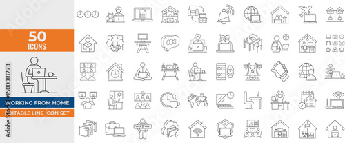 Work from Home Icon Set – Editable Line Vector Illustrations of Remote Work, Freelance, Hybrid Jobs, Digital Nomad, Office, and Home Office Concepts