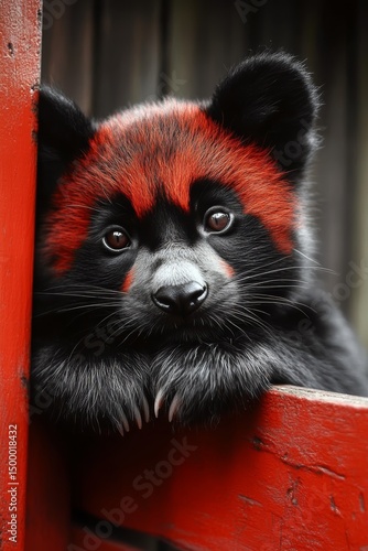 Art-deco style panda. Boho style animal on the background with gold and red details.