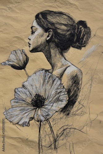 Abstract sketch with woman and lineart and colorful elements. Person art on light background.