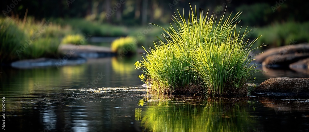 Obraz premium Sunlit tuft of grass on pond