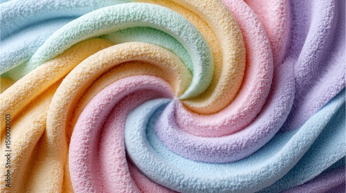 Close-up of soft, pastel-colored textured fabric arranged in a swirling pattern.