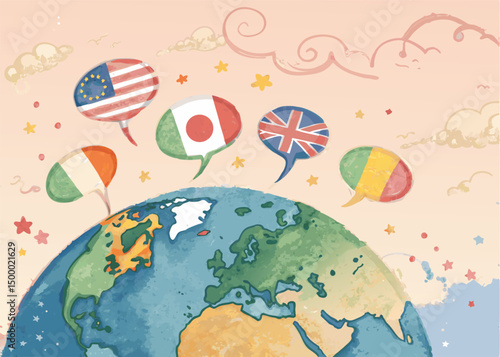 Professional Globe with Country Flags in 3D Speech Bubbles