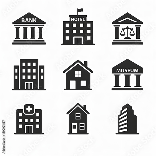 Set of building icons for bank, hotel, courthouse, hospital, museum, houses, and office tower, city infrastructure element pack, urban real estate, property management, town planning illustration