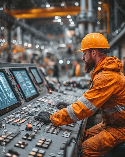 Factory Worker Operating Control Panel.