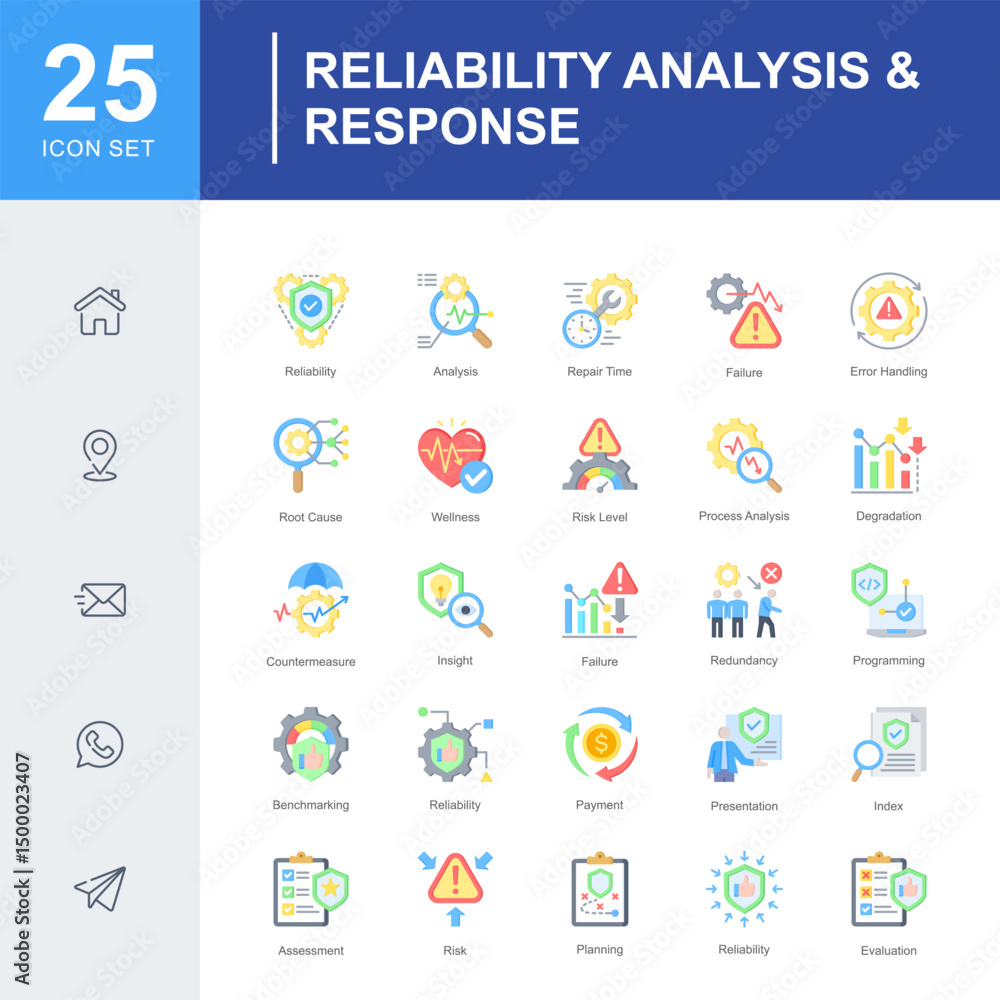 A focused icon set on analyzing, evaluating, and responding to system failures and risks in reliability management, including diagnostics, insights, and root cause analysis. A focused icon set on analyzing, evaluating, and responding to system failures and risks in reliability management, including diagnostics, insights, and root cause analysis.