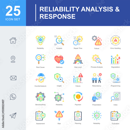 A focused icon set on analyzing, evaluating, and responding to system failures and risks in reliability management, including diagnostics, insights, and root cause analysis.