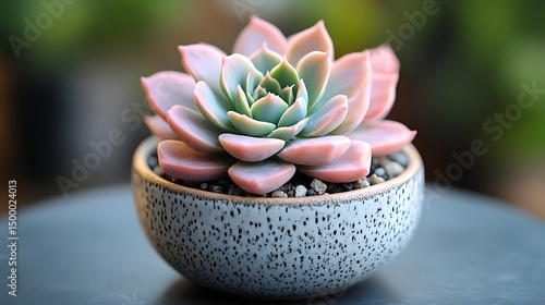 A Beautiful Succulent Plant In A Small Spotted Ceramic Pot
