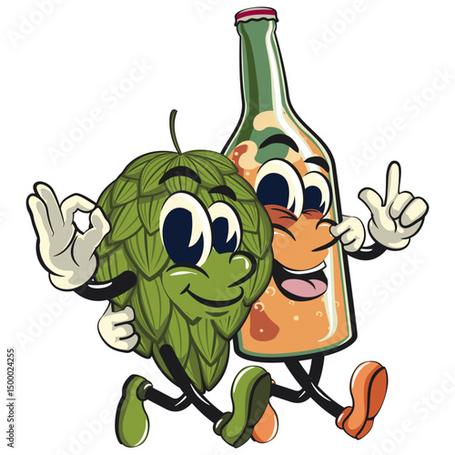vintage hops vektor illustration mascot character walk  with bottle beer character while giving a sign and giving an ok sign, work of hand drawn