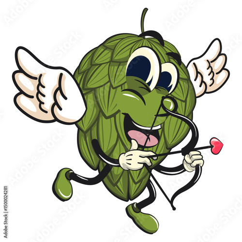 vintage hops vektor illustration mascot character become a cupid with angel wings and the arrow of love, work of hand drawn