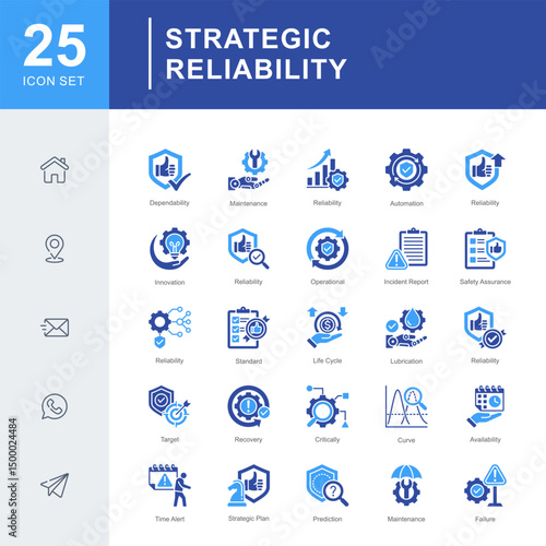 Strategic Reliability icon set for reliability management covering maintenance, dependability, failure prevention, and strategic planning in industrial and operational systems.