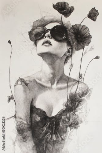 Abstract sketch with woman and lineart and colorful elements. Person art on light background.
