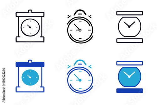 Timers and clock solid and line icon set. Time clocks icons in thin line style. Icons related to clock, stopwatch, hourglass, alarm and more. Vector illustration