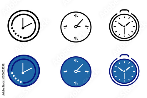 Timers and clock solid and line icon set. Time clocks icons in thin line style. Icons related to clock, stopwatch, hourglass, alarm and more. Vector illustration
