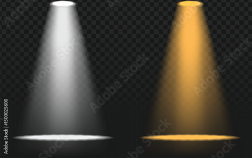 Realistic spotlight effect with yellow and white lights. Perfect for highlighting objects, adding drama, or creating stage-like illumination.