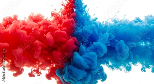 Red and blue ink mixing together forming abstract shapes against a white background in a studio shot