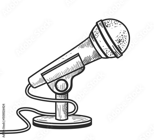 old style microphone drawing on white, retro mic with wire sketch vector illustration