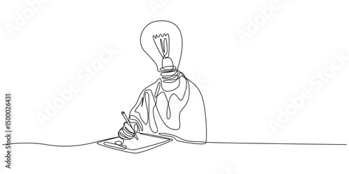 Head lamp person replace with bulb lamp writing notes continuous one line drawing, Head lamp person replace with bulb lamp writing notes continuous one line drawing. Creative person with head lamp.