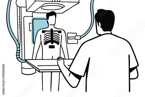 Hospital x-ray procedure, vector illustration of radiologist examining chest scan with digital screen, healthcare concept