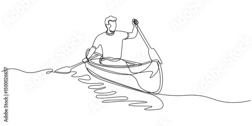 Man rowing canoe continuous one line drawing. Paddle kayak in single line art illustration. Editable vector, Continuous one line drawing of young man rafting on kayak or canoe. Canoe line art vector.