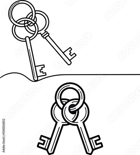 Vintage Key Line Art, Minimalist Sketch Illustration for Security, Access, and Symbolism