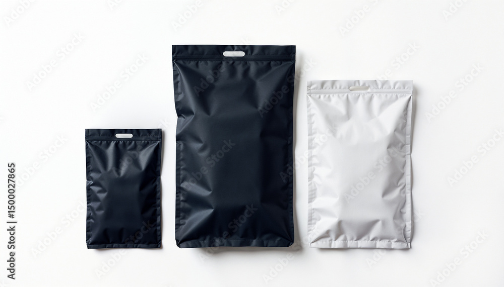 Assorted black and gray packaging bags on a white background with copy space Assorted black and gray packaging bags on a white background with copy space