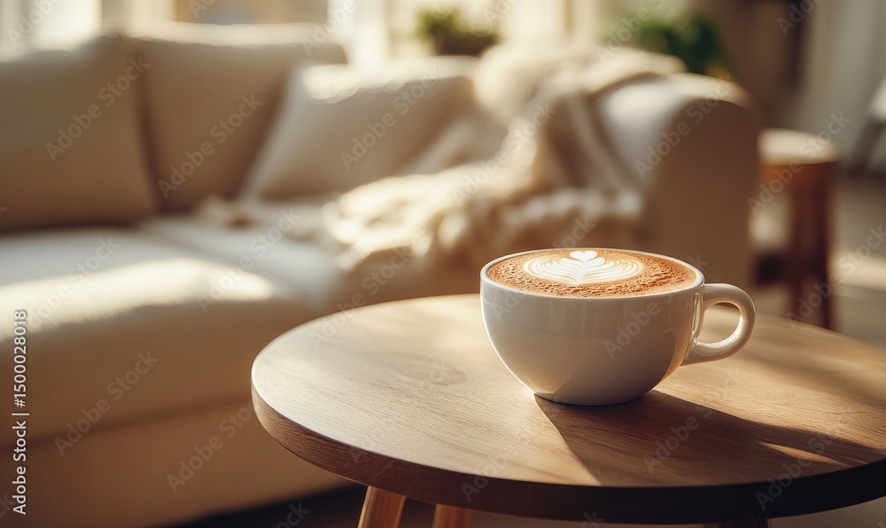 Fototapeta premium Latte art on a wooden table in a cozy living room
