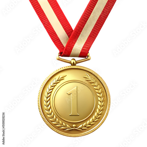 Gold medal with red ribbon isolated on white background
