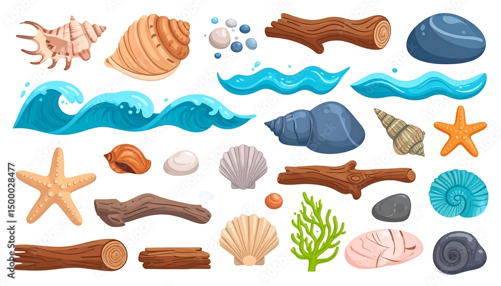 Naklejka premium Ocean Waves with Shells, and Driftwood.