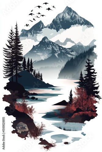 Collage of mountains and trees to use on T-shirt, sweatshirt., cup. Silhouette of the country with overlaid known places and landmarks.. Boho style.