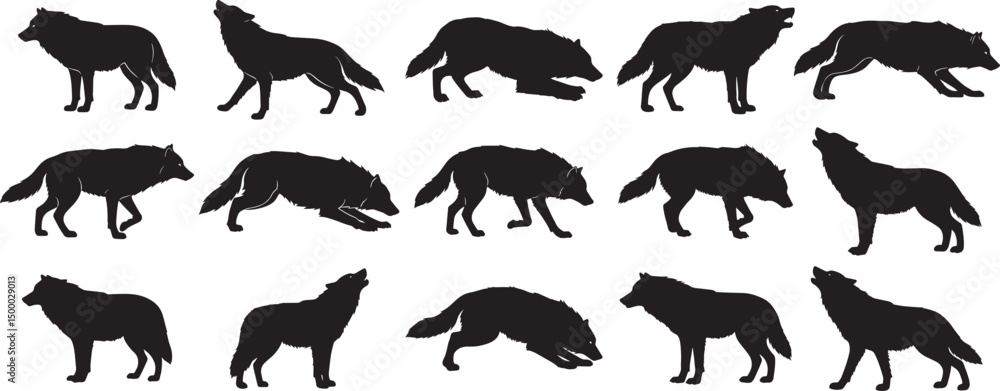 Obraz premium Wolf silhouette vector pack: howling, walking, running, standing, and lying animal clip art set