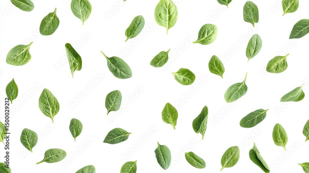 Floating freshness: Minimalist backdrop of vibrant green spinach leaves on white Floating freshness: Minimalist backdrop of vibrant green spinach leaves on white