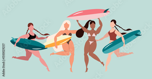Different girls with surfboards. Women with surfing board. Tanned female surfer with colorful boards. Active summer sports vector illustration. Modern poster design for web and print