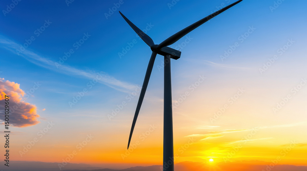 Obraz premium A wind turbine captures the last rays of sunshine as the sky transforms into a canvas of brilliant colors. The serene landscape emphasizes the importance of renewable energy sources