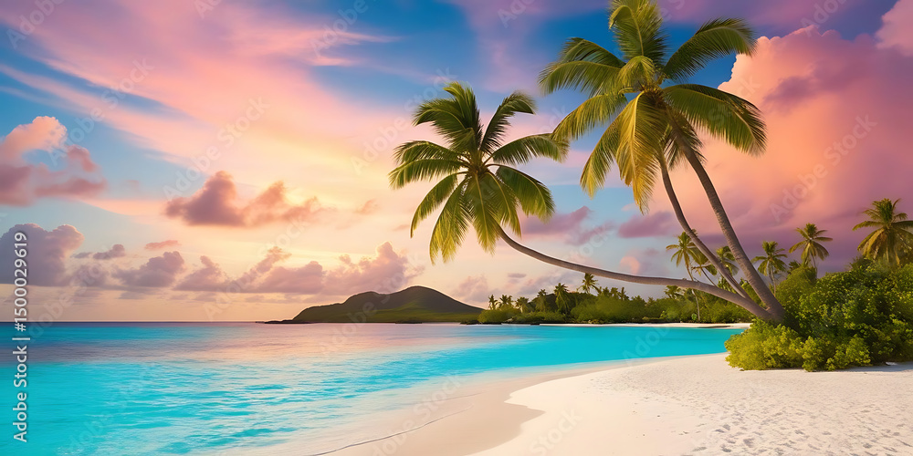 Fototapeta premium Tropical Beach Sunset with Turquoise Waters and Palm Trees