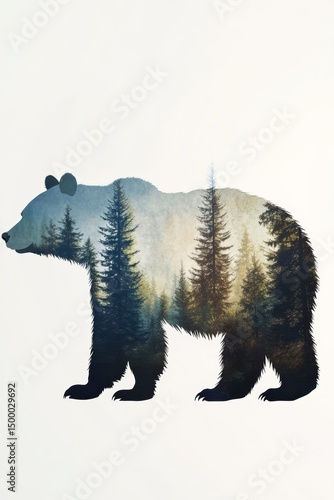 Collage of bear to use on T-shirt, sweatshirt., cup. Silhouette of the animal with overlaid mountain and forest photography.