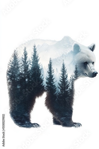 Collage of bear to use on T-shirt, sweatshirt., cup. Silhouette of the animal with overlaid mountain and forest photography.