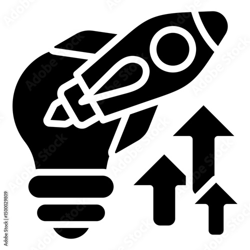 Innovation Launch - Glyph Black Fill Silhouette - Rocket launching from light bulb, symbolizing fast innovation and idea execution