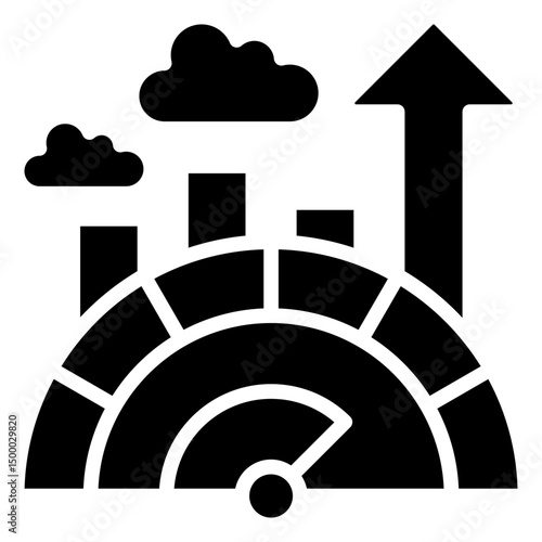 Market Uplift - Glyph Black Fill Silhouette - City with growth curves and arrows reflects smart city growth, market momentum, and progress