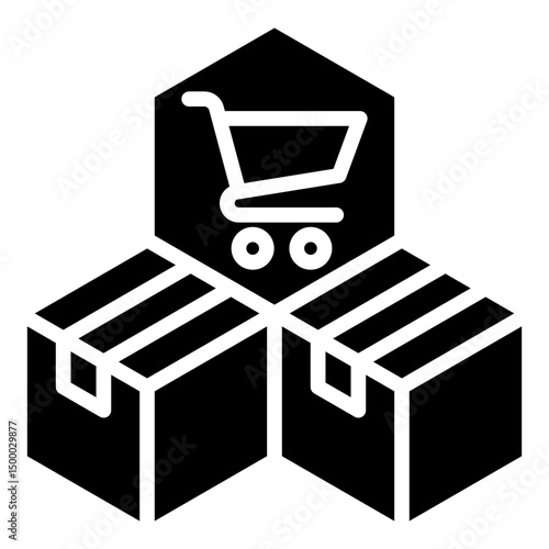 Product Market Fit - Glyph Black Fill Silhouette - shopping cart fits perfectly between two product boxes, symbolizing alignment between product and market demand