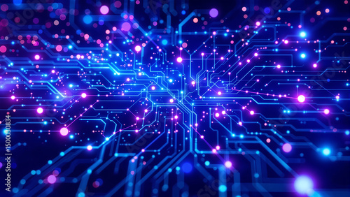 Abstract Deep Learning Circuit Board with Blue and Pink Lights