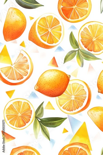 Texture with orange on white background. Pattern of fruits with yellow, orange and green colors.