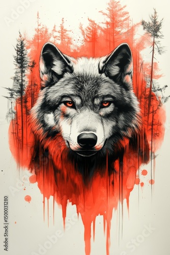 Art-deco style wolf. Boho style animal on the background with gold and red details.