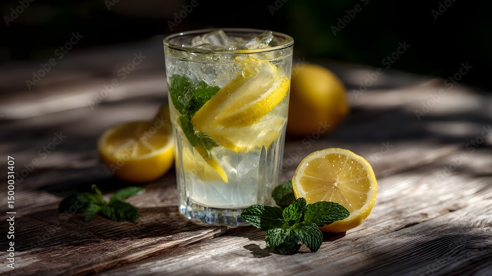 Fototapeta premium Refreshing glass of lemonade with lemon slices and mint on a wooden table