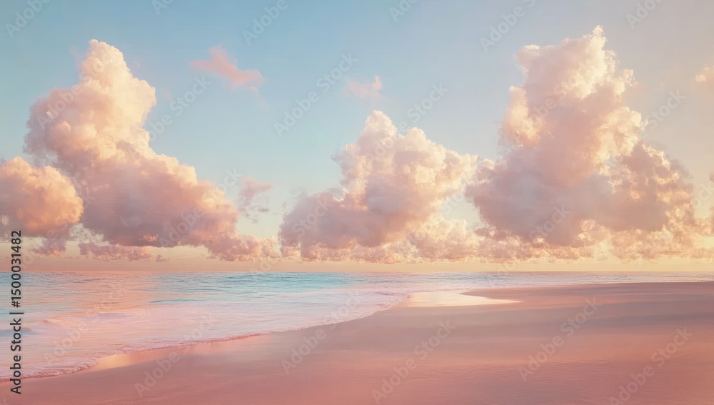 Pastel beach scene at sunrise. Soft pink clouds and waves meet a tranquil shore Pastel beach scene at sunrise. Soft pink clouds and waves meet a tranquil shore