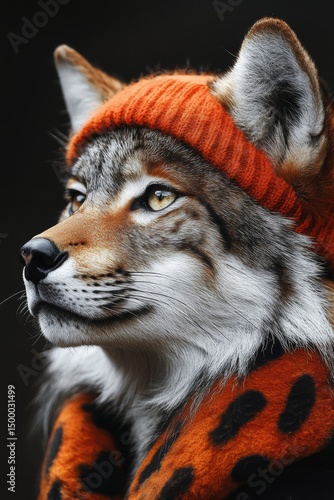 Art-deco style wolf. Boho style animal on the background with gold and red details.