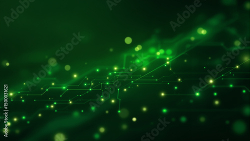 Abstract Green Circuit Board with Glowing Particles Technology Background