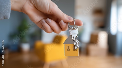 A hand holding a tiny house keychain with keys, set within a bright modern interior.