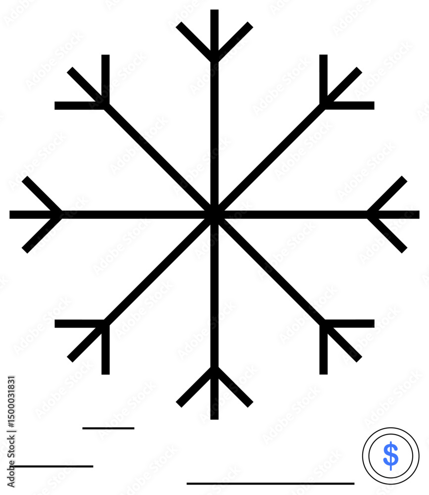 Black geometric snowflake with sharp lines and arrow-shaped ends. Tiny minimalist dollar symbol to the right. Ideal for winter economics, finance, weather, branding, minimalism, monetary balance Black geometric snowflake with sharp lines and arrow-shaped ends. Tiny minimalist dollar symbol to the right. Ideal for winter economics, finance, weather, branding, minimalism, monetary balance