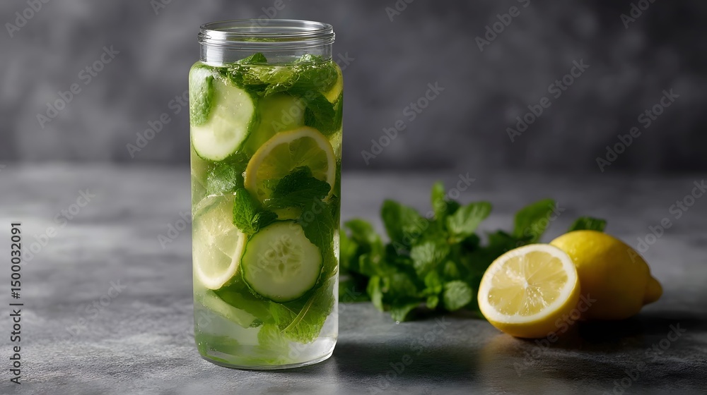 Fototapeta premium Refreshing infused water with cucumber mint and lemon