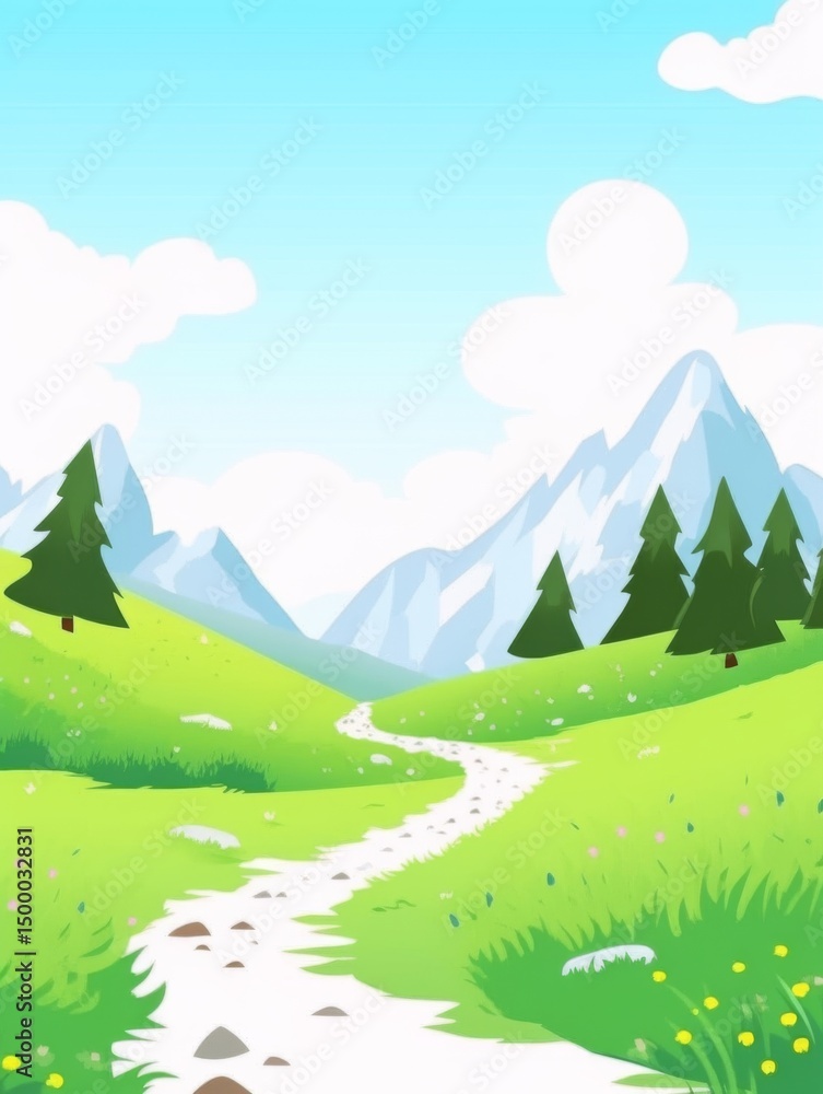 Fototapeta premium a winding path leading to snow-capped mountains, surrounded by green meadows, pine trees, and blooming flowers